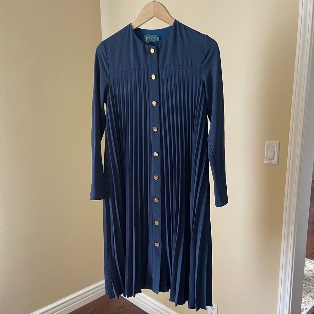 Sewlip Elegant Blue Pleated  Button-down Dress